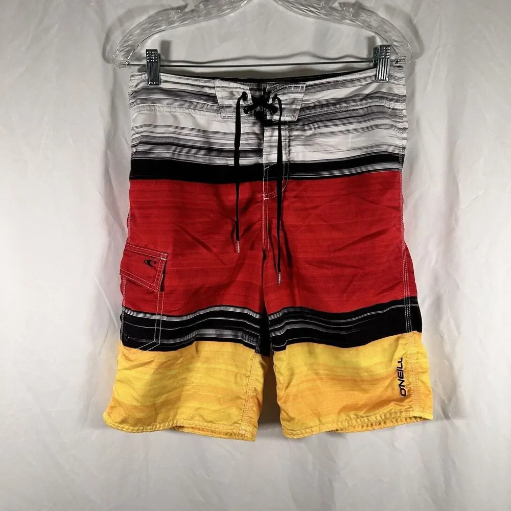 O'Neill Swim Trunks Men 30 White Red Print Side Pocket Tie Front Hook Loop